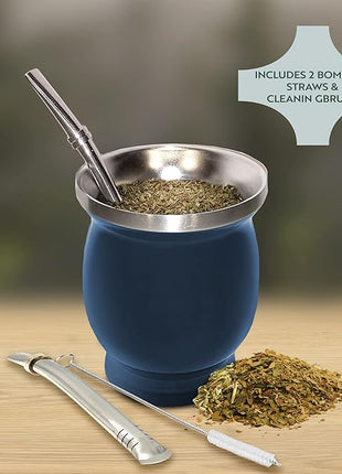 Norte Yerba Mate Cup Kit, 8-Ounces Traditional Mate Tea Cup/Gourd Set | Includes 2 Bombillas (Yerba Mate Straw) & Cleaning Brush, Stainless Steel Cup, Double-Walled, Easy to Clean | Blue
