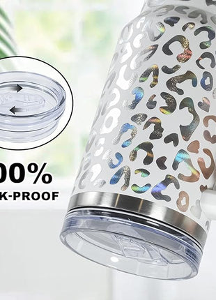 40 oz Tumbler with Handle and Straw, 100% Leak-Proof Travel Mug, Stainless Steel Double Wall Vacuum Insulated Coffee Cup Keeps Cold For 34 Hours, Dishwasher Safe, Black Leopard