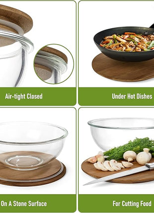 Stackable Space-Saving Set of 5 Nesting Glass Bowls with Acacia Lids for Foodprep, Storage, Mixing & Cooking - Microwave & Oven-ready BPA Free Durable Heat Resistant Inert Borosilicate Glass