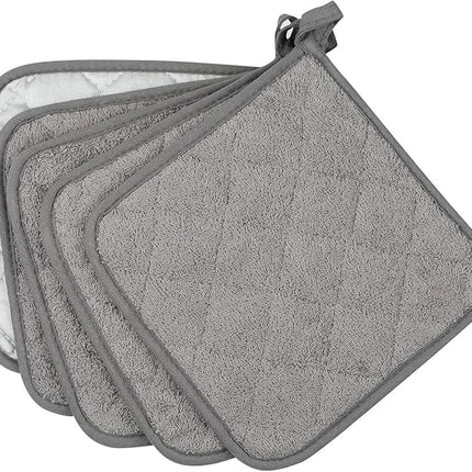 100% Cotton Kitchen Everyday Basic Terry Pot Holder Heat Resistant Coaster Potholder for Cooking and Baking Set of 5 Grey
