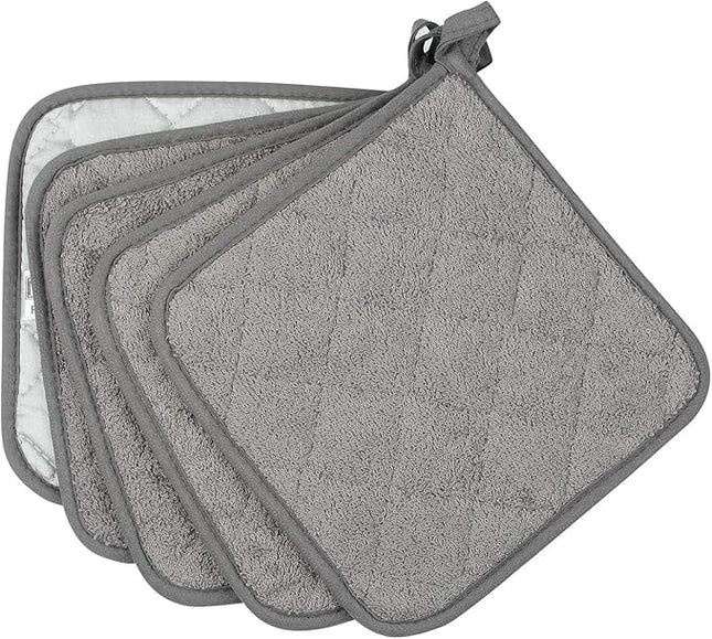 100% Cotton Kitchen Everyday Basic Terry Pot Holder Heat Resistant Coaster Potholder for Cooking and Baking Set of 5 Grey