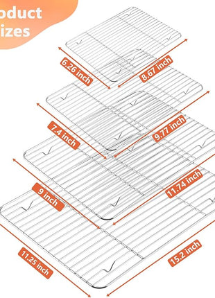P&P CHEF Baking Cooling Rack Set for Cooking Roasting, 4-Piece Stainless Steel Wire Racks for Oven Use, Healthy & Dishwasher Safe, Rectangle, 8.6 + 9.7+ 11.6 + 15.3 Inch