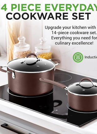 NutriChef 14-Piece Nonstick Brown Cookware Set - Scratch-Resistant Kitchen Pots and Pans with Lids & Utensils, For All Cooktops - NCCW14SBR