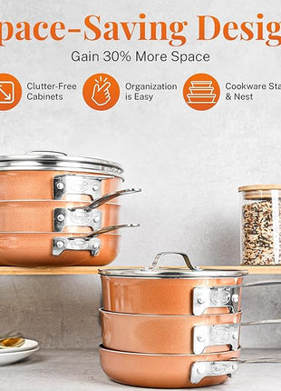 GOTHAM STEEL 10 Pc Copper Pots and Pans Set Non Stick Cookware Sets with Kitchen Utensils, Induction Ready, Non Toxic PFOA PFOS Free, Nesting Design for 50% Space Saving, Oven and Dishwasher Safe