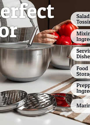 Priority Chef Stainless Steel Mixing Bowls with Lids Set, 3 Grater Attachments, Airtight Lids, Non-Slip Silicone Base Mixing Bowl Set, Large Prep Metal Mixing Bowls for Kitchen, Grey