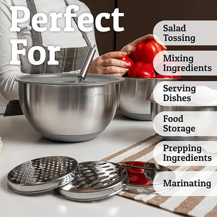 Priority Chef Stainless Steel Mixing Bowls with Lids Set, 3 Grater Attachments, Airtight Lids, Non-Slip Silicone Base Mixing Bowl Set, Large Prep Metal Mixing Bowls for Kitchen, Grey