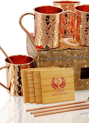 Gift Set Pure Copper Hammered Mugs with Copper Straws & Wooden Coasters Set of 4 - PREMIUM QUALITY -16 Oz Copper Mug - 100% Handcrafted - A Gift Pack for your loved Ones.