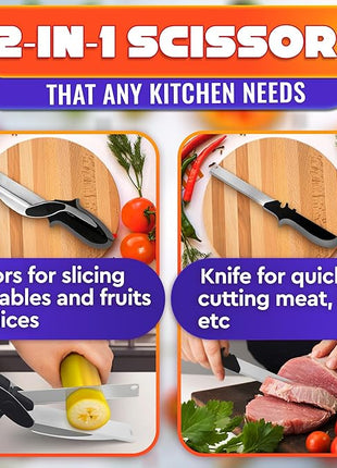 2 in 1 Kitchen Scissors for Food – Stainless Steel Blade & Plastic Cutting Board Scissors with Safety Lock | 9.6" Tomato Knife, Fruit & Vegetable Cutter – Easy-to-Use Kitchen Shears for Meat, Cheese