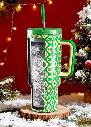 Meoky 40 oz Christmas Tumbler with Handle and Straw, Xmas Tumbler with Lid and Straw, Insulated Stainless Steel Travel Mug, Christmas Gifts for Women Men Adults (Emerald Cheer)