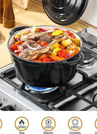 Velaze 7.5 QT Dutch Oven Pot with Lid, Enameled Cast Iron Dutch Oven with Dual Handles for Sourdough Bread Baking, Cooking, Non-stick Enamel Coated Cookware (Black)