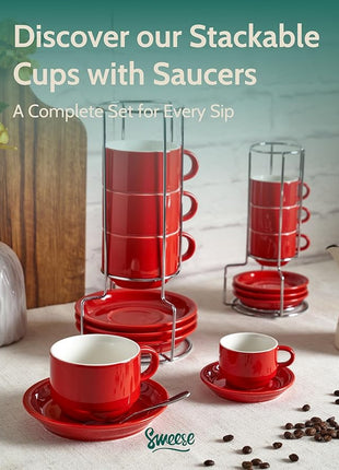 Sweese 2.5 Ounce Porcelain Stackable Espresso Cups with Saucers and Metal Stand Set of 4, Red