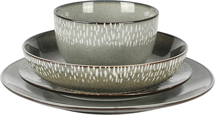 Gibson Elite Matisse 16-Piece Double Bowl Dinnerware Set, Service for 4 – Green Stoneware Plates and Bowls