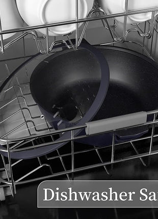 TIBORANG 8 in 1 Multipurpose 11 Inch 5 Quart Heat Indicator Nonstick Deep Frying Pan with Glass Lid, Stay-cool Handle, Steamed Grid, PFOA-Free,Dishwasher&Oven Safe,Works with All Stovetops (Black)