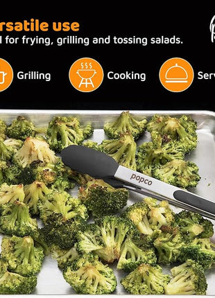 Popco 3-Piece Kitchen Tongs Set – Stainless Steel Heat Resistant Silicone Tips, Strong Comfort Grip, 3 Sizes (7, 9, 12 Inch), Non-Scratch, Dishwasher Safe, for Cooking, BBQ, Salad
