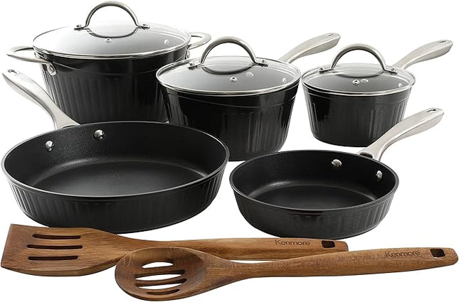 Kenmore Logan Black Stripe 10-Piece Nonstick Aluminum Induction Safe Cookware Set