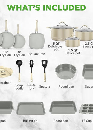 NutriChef 20-Piece Non-Stick Bakeware and Cookware Set - Utensils Including Pots and Baking Pans Made with Durable Aluminum, Tempered Glass Lids, Heat-Resistant Utensils, Easy-Clean Design (White)