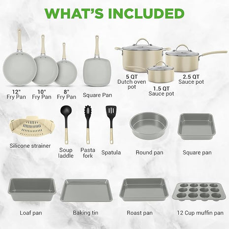 NutriChef 20-Piece Non-Stick Bakeware and Cookware Set - Utensils Including Pots and Baking Pans Made with Durable Aluminum, Tempered Glass Lids, Heat-Resistant Utensils, Easy-Clean Design (White)