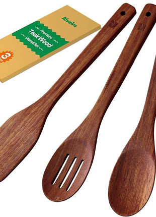 Riveira Teak Wooden Cooking Utensils Set of 3 Natural Teak Wooden Spoons & Spatula, Non-Toxic, Heat-Resistant, Scratch-Free for Non-Stick Cookware