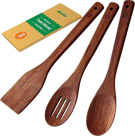 Riveira Teak Wooden Cooking Utensils Set of 3 Natural Teak Wooden Spoons & Spatula, Non-Toxic, Heat-Resistant, Scratch-Free for Non-Stick Cookware