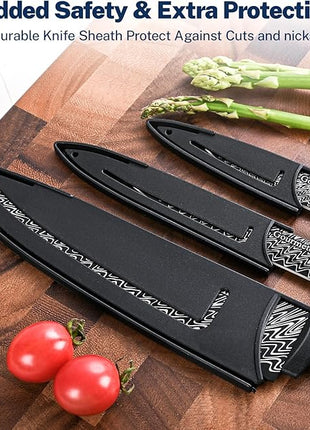 Kitchen Knife Set with Cover 3 Pcs, Black Chef Knife Set for Cooking, Sharp Kitchen Knives with Sheath, 8'' Chef Knife, 5'' Utility, 3.5'' Paring, Damascus Pattern Kitchen Knife for Cutting
