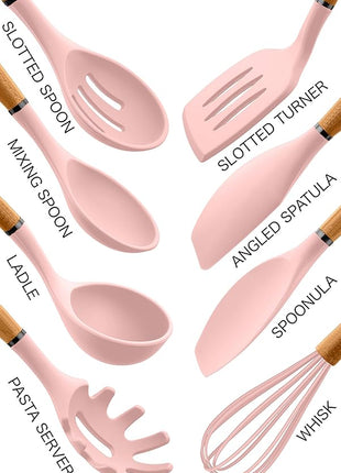 Country Kitchen Non Stick Silicone Utensil Set with Rounded Wood Handles for Cooking and Baking, 8 Piece Set, Pink