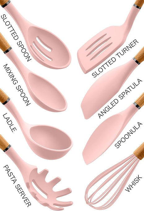 Country Kitchen Non Stick Silicone Utensil Set with Rounded Wood Handles for Cooking and Baking, 8 Piece Set, Pink