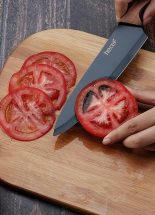 hecef Vintage Kitchen Knife Set, Stainless Steel Non-stick Black Coated Knives with Extra Sheaths, Includes Chef, Bread, Santoku, Utility and Paring Knife