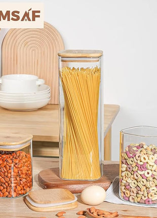 ComSaf Glass Food Storage Containers Set, 3 Pcs Airtight Clear Food Jars with Lids, Square Stackable Kitchen Canisters, Glass Jars For Spaghetti Pasta, Spice, Sugar, Candy, Tea, and Coffee Beans