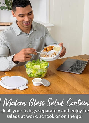 Bentgo Glass All-in-One Salad Container - Large 61-oz Salad Bowl with Lid, 4-Compartment Bento-Style Tray, 3-oz Sauce Container, and Reusable Fork - Dishwasher, Microwave, and Oven Safe (White)