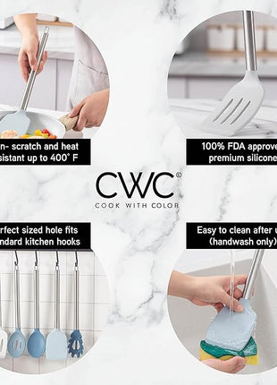 COOK WITH COLOR Silicone Cooking Utensils, Kitchen Utensil Set, Easy to Clean Silicone Kitchen Utensils, Cooking Utensils for Nonstick Cookware, Kitchen Gadgets Set, 5 Pieces, Blue and White