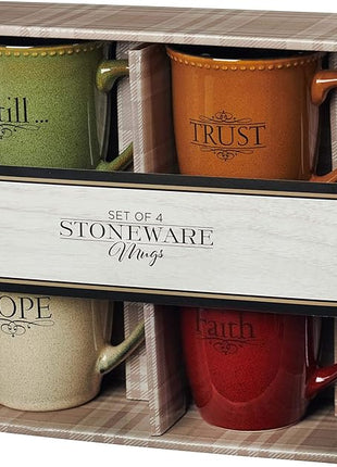 Christian Art Gifts Set of Four Rustic Stoneware Coffee/Tea Mugs w/Bible Verses Sage Green, Ivory, Paprika Red, Pumpkin Orange Inspirational Coffee/Tea Cup for Men and Women