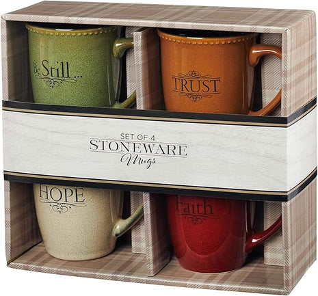 Christian Art Gifts Set of Four Rustic Stoneware Coffee/Tea Mugs w/Bible Verses Sage Green, Ivory, Paprika Red, Pumpkin Orange Inspirational Coffee/Tea Cup for Men and Women