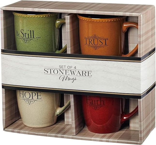 Christian Art Gifts Set of Four Rustic Stoneware Coffee/Tea Mugs w/Bible Verses Sage Green, Ivory, Paprika Red, Pumpkin Orange Inspirational Coffee/Tea Cup for Men and Women