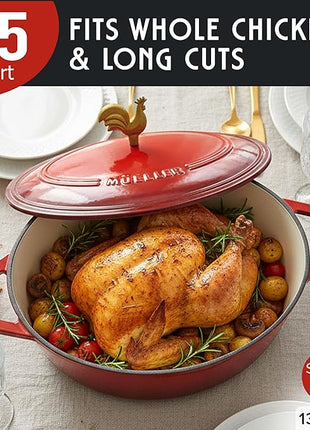 MUELLER HOME 5.5 Quart Enameled Cast Iron Oval Dutch Oven w Rooster Knob & Cotton Potholders, Heavy-Duty Cookware, Oven-Safe up to 500° F & Across All Cooktops, Gifts for Grandma & Women, Red