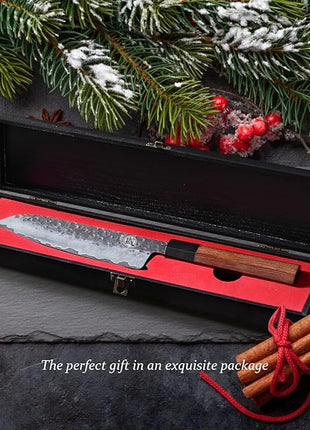 MITSUMOTO SAKARI Santoku Chef Knife 7 inch - Hand Forged Japanese Kitchen Knives, 3-Layer 9CR18MOV High Carbon Steel, Rosewood Handle & Sandalwood Box