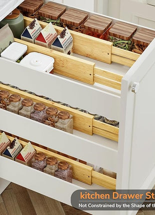 BAMEOS 3" H Large Bamboo Drawer Dividers Adjustable Drawer Organization Expandable Utensil Organizers for Kitchen Dresser Bathroom Bedroom and Office 4-pack