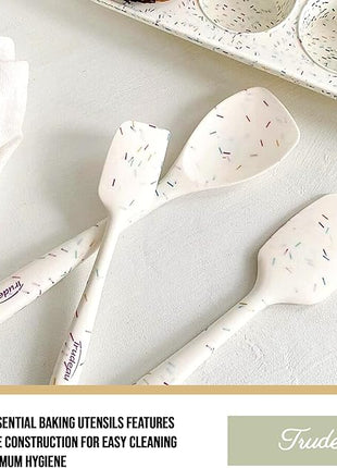 Trudeau Confetti Silicone Utensil Set – 11" Spatula, 11" Spoonula & 8" Small – Reinforced hybrid flexible silicone, BPA-free, heat resistant to 428°F, ergonomic & dishwasher safe.