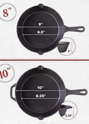 Cast Iron Skillet Set - 8" + 10"-Inch Frying Pans + Glass Lids + Silicone Handle Holder Grip Covers - Pre-Seasoned Oven Safe Cookware - Indoor/Outdoor Use - Grill, BBQ, Fire, Stovetop, Induction Safe