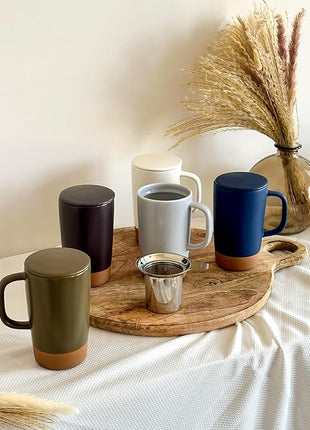 Mora Ceramics Large Tea Mug with Loose Leaf Infuser and Ceramic Lid, 18 oz, Portable, Microwave, Dishwasher Safe, Tall Coffee Cup - Rustic Matte Ceramic Glaze, Modern Herbal Tea Strainer, Nightwaves