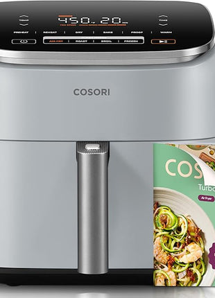 Cosori 9-in-1 TurboBlaze Air Fryer 6 Qt, Premium Ceramic Coating, 90°–450°F, Precise Heating for Even Results, Air Fry, Roast, Bake, Broil, Dry, Frozen, Proof, Reheat, Keep Warm, 120V, Light Gray
