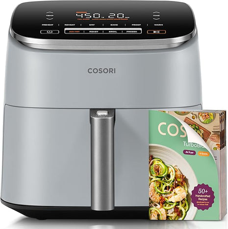 Cosori 9-in-1 TurboBlaze Air Fryer 6 Qt, Premium Ceramic Coating, 90°–450°F, Precise Heating for Even Results, Air Fry, Roast, Bake, Broil, Dry, Frozen, Proof, Reheat, Keep Warm, 120V, Light Gray