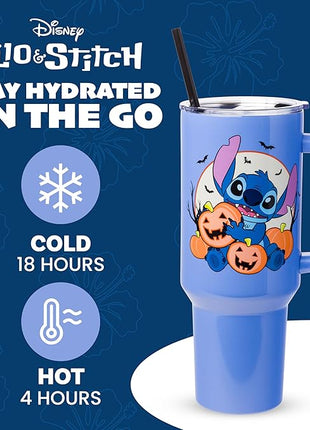 Silver Buffalo Disney Lilo and Stitch Halloween Spooky Pumpkin Jack-O-Lantern Stainless Steel Tumbler with Handle and Straw, Fits in Standard Cup Holder, 40 Ounces