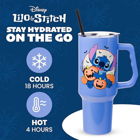 Silver Buffalo Disney Lilo and Stitch Halloween Spooky Pumpkin Jack-O-Lantern Stainless Steel Tumbler with Handle and Straw, Fits in Standard Cup Holder, 40 Ounces