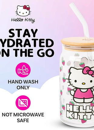 Silver Buffalo Sanrio Hello Kitty Strawberry Glass Jar Tumbler with Bamboo Lid and Glass Straw, 16 Ounces