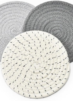 Potholders Set Trivets Set 100% Pure Cotton Thread Weave Hot Pot Holders Set (Set of 3) Stylish Coasters, Hot Pads, Hot Mats,Spoon Rest For Cooking and Baking by Diameter 7 Inches (Gray)