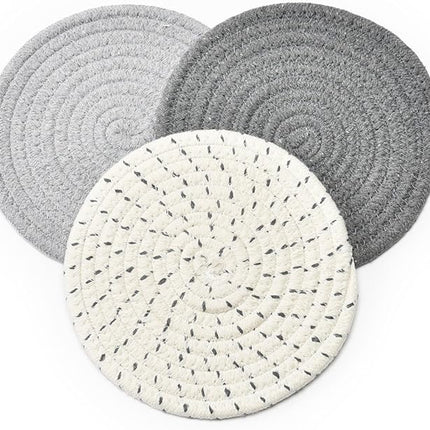Potholders Set Trivets Set 100% Pure Cotton Thread Weave Hot Pot Holders Set (Set of 3) Stylish Coasters, Hot Pads, Hot Mats,Spoon Rest For Cooking and Baking by Diameter 7 Inches (Gray)