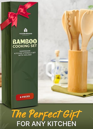 Bamboo Utensils 7 PCs with Holder – Bamboo Cooking Utensils Set + Holder for Nonstick – Wooden Spoon Sets for Cooking – Easy to Clean, Sturdy, Lightweight & Heat Resistant