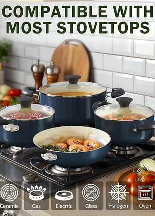 Cook N Home Pots and Pans Set Nonstick, 10-Piece Ceramic Kitchen Cookware Sets, Nonstick Cooking Set with Saucepans, Frying Pans, Dutch Oven Pot with Lids, Blue