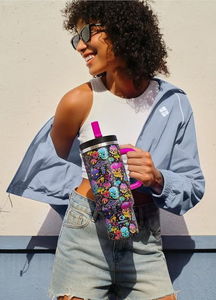 ENCOOL 40 oz Tumbler with Handle and Straw: Stainless Steel Insulated Tumbler Keeps Cold for 24 Hours, Leakproof Travel Cup Fits in Cup Holder and BPA-Free, Trippy Skulls