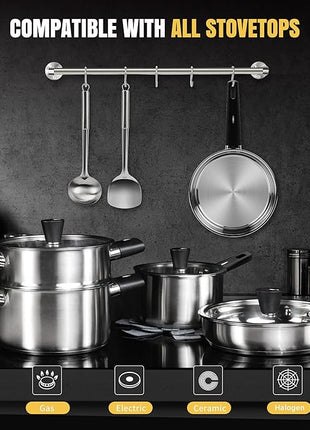 Meythway 14-Piece Stainless Steel Cookware Set for Induction Stovetops – Non-Toxic Pots & Pans with Stay-Cool Handles, Glass Lids, Steamer, Pot Mats & Utensils – Dishwasher Safe Kitchen Cookware